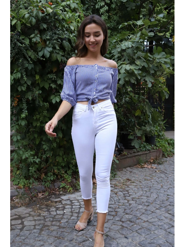 Belden Bağlamalı Bluz - MAVİ