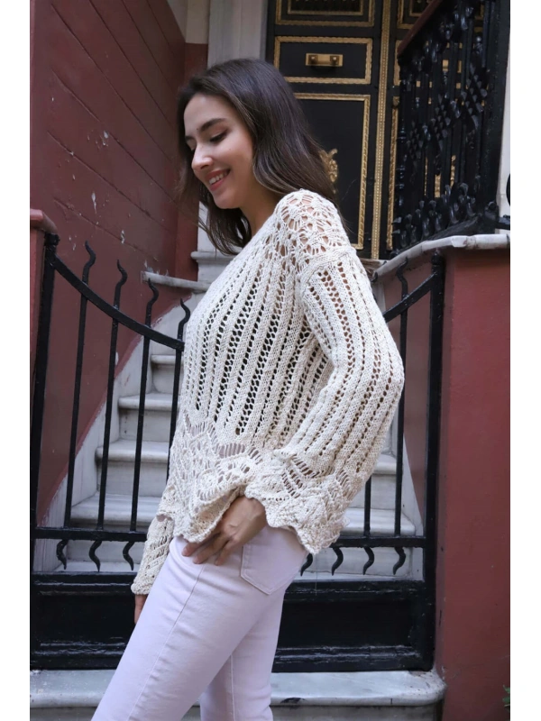 Delikli Merserize Kazak - KREM