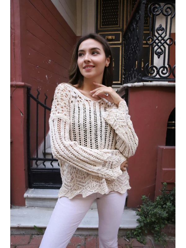 Delikli Merserize Kazak - KREM