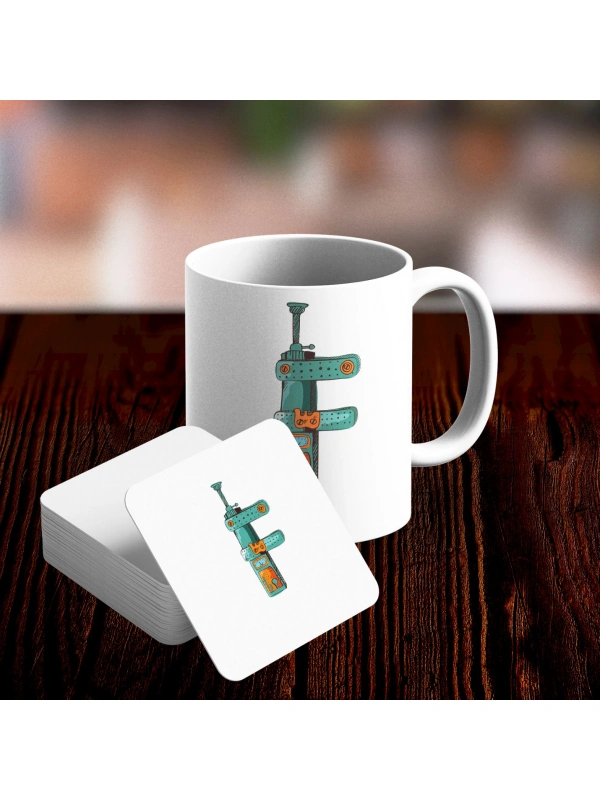 F Harfi Tasarımlı Kupa ve Bardak Altlığı Seti