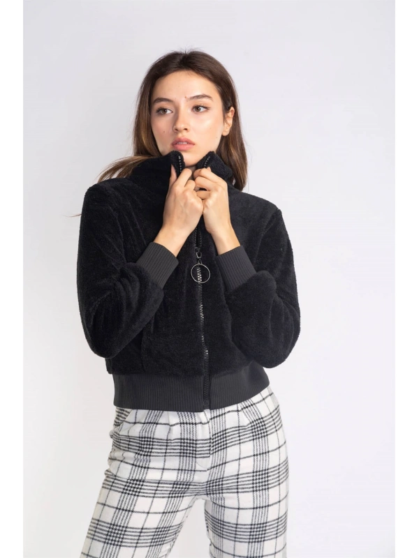 Fermuarlı Mevsimlik Peluş Ceket-SİYAH