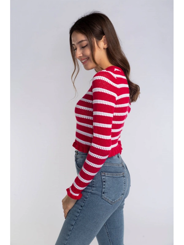 Fırfır Detaylı Çizgili Triko Bluz-KIRMIZI