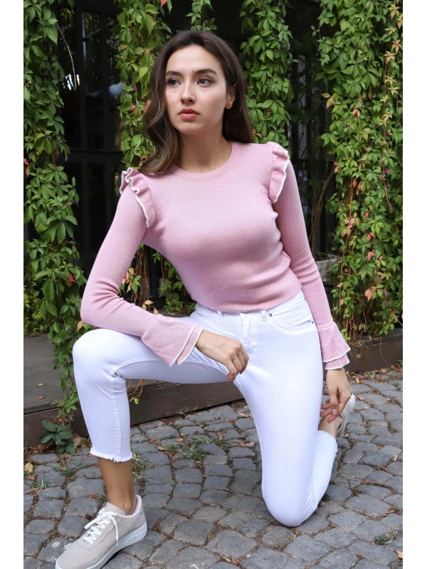 Fırfır Detaylı Triko Bluz - TOZ PEMBE