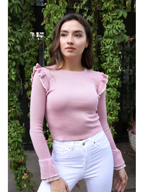 Fırfır Detaylı Triko Bluz - TOZ PEMBE