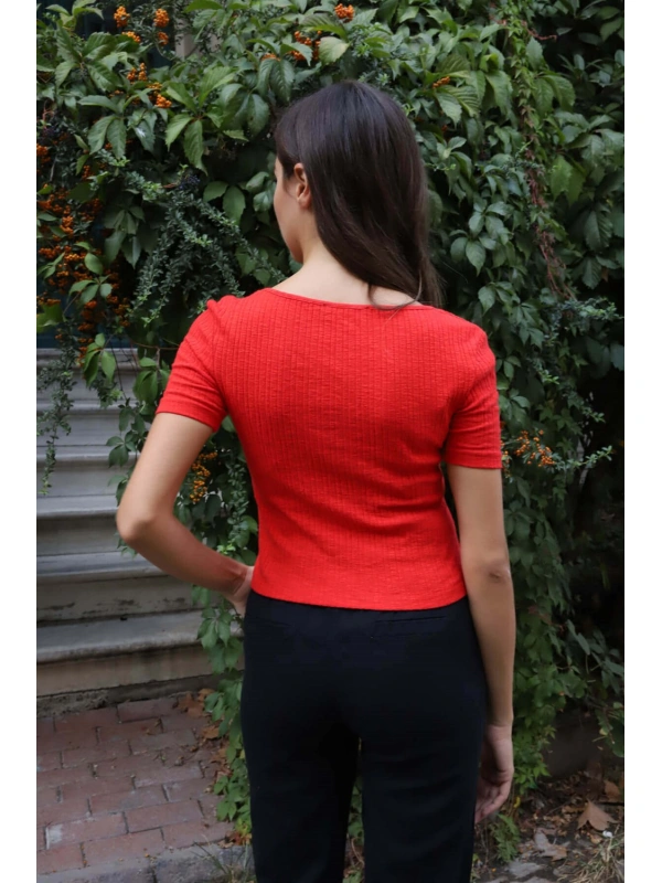 Geniş Yaka Triko Bluz - KIRMIZI