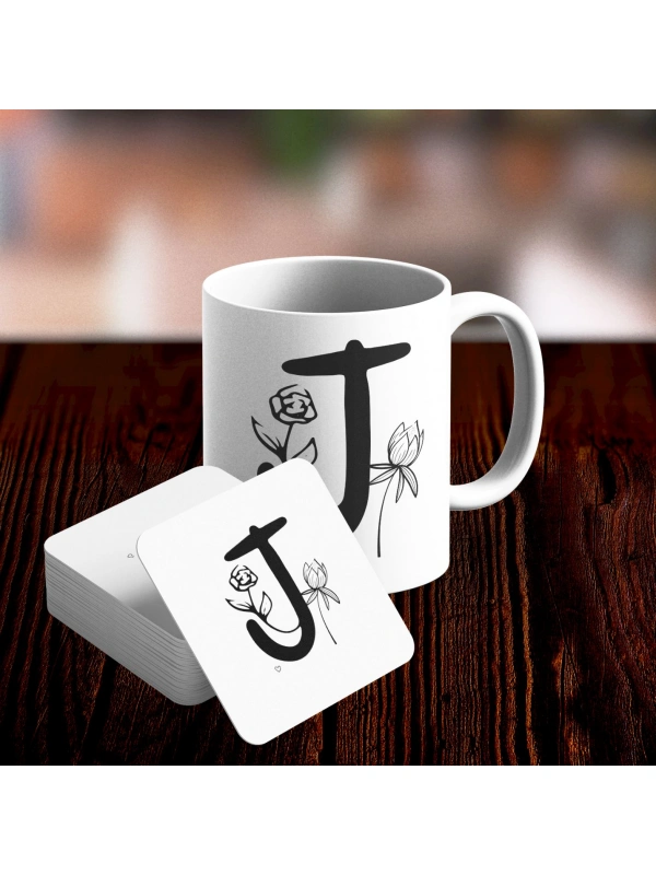 J Harfi Tasarımlı Kupa ve Bardak Altlığı Seti