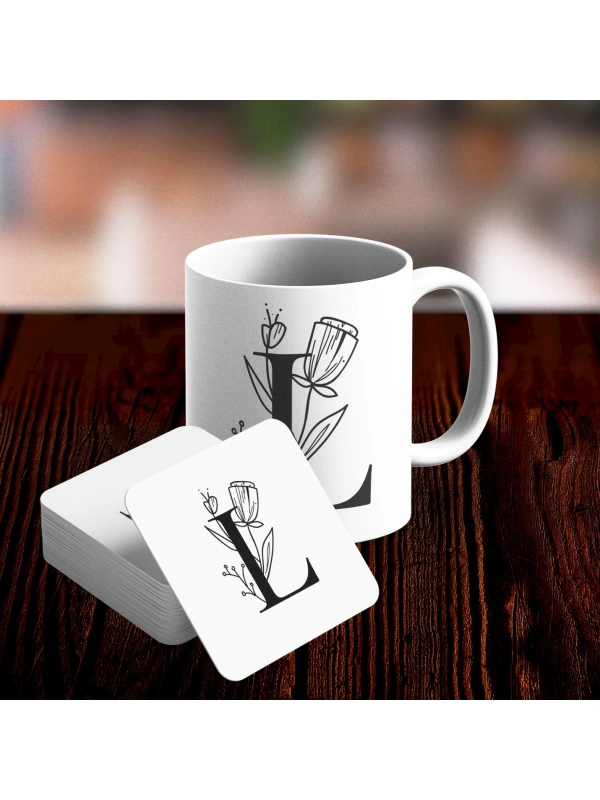 L Harfi Tasarımlı Kupa ve Bardak Altlığı Seti