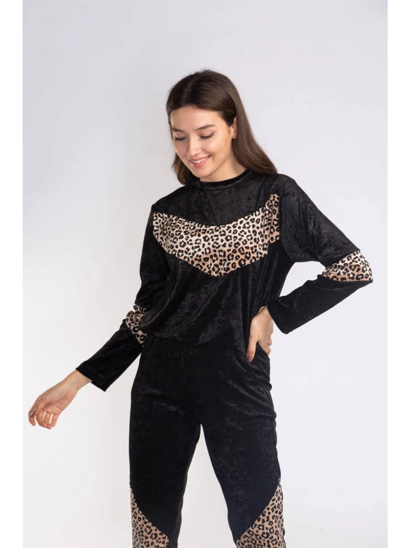Leopar Desenli Kadife Takım-SİYAH