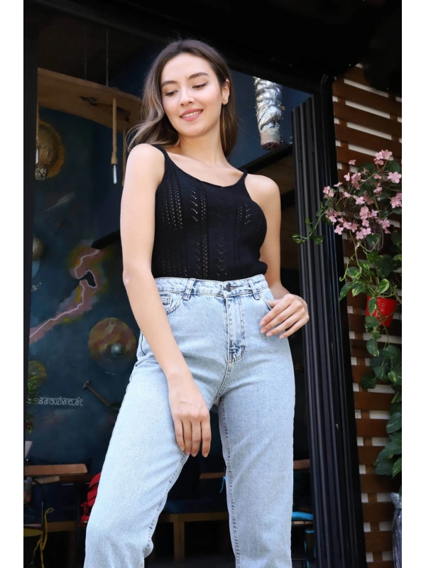 Merserize Askılı Bluz - SİYAH