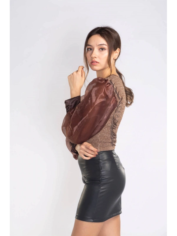 Organze Balon Kol Bluz-KAHVERENGİ
