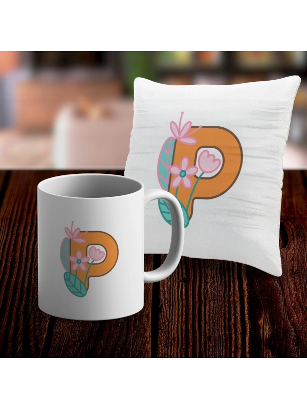 P Harfi Tasarımlı Kupa ve Yastık Kılıfı Hediye Seti