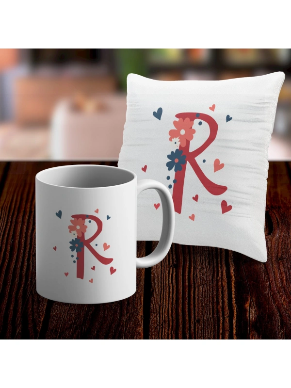R Harfi Tasarımlı Kupa ve Yastık Kılıfı Hediye Seti