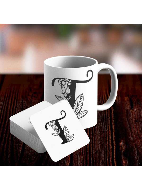 T Harfi Tasarımlı Kupa ve Bardak Altlığı Seti