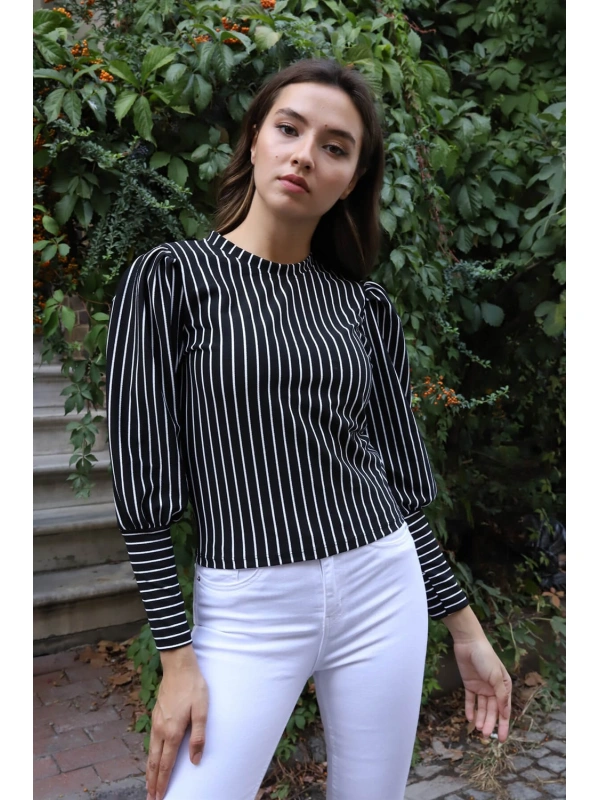 Tasarım Kollu Bluz - SİYAH