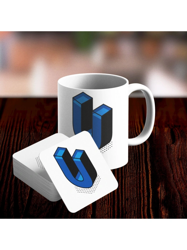 U Harfi Tasarımlı Kupa ve Bardak Altlığı Seti