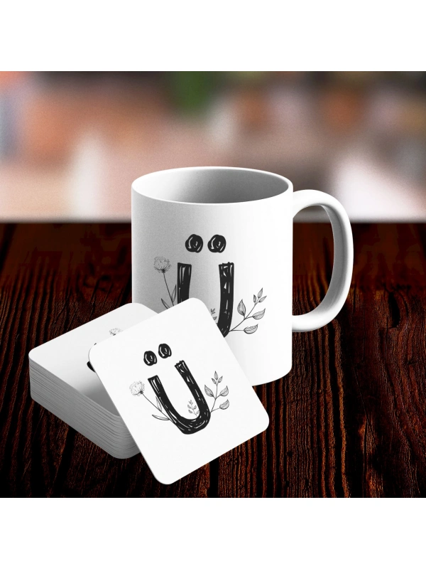 Ü Harfi Tasarımlı Kupa ve Bardak Altlığı Seti