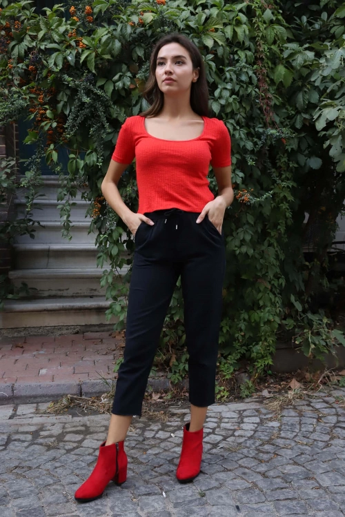 Geniş Yaka Triko Bluz - KIRMIZI
