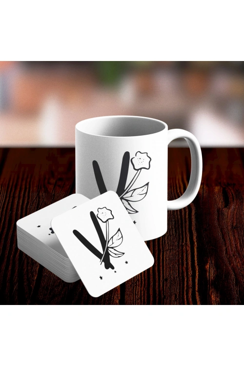 V Harfi Tasarımlı Kupa ve Bardak Altlığı Seti