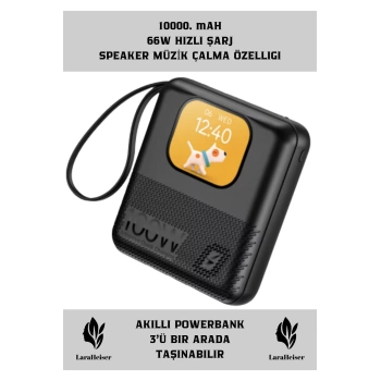 Premium Powerbank 10.000 Mah 100 W Akıllı saat Özelliklerine Sahip Ekranlı Siyah Renk