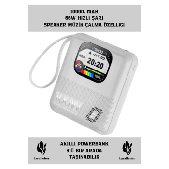 Premium Powerbank 10.000 Mah Akıllı saat Özelliklerine Sahip Ekranlı ve Speaker Müzik Çalma Beyaz
