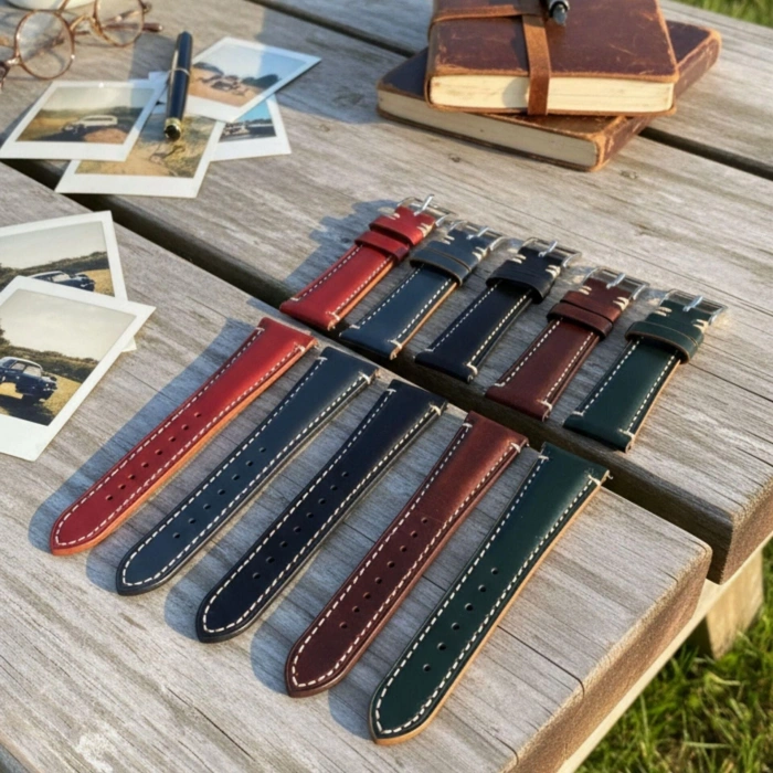 22 mm Yağlı Deri Beyaz Dikişli Akıllı Pimli Hakiki Deri Saat Kordonu