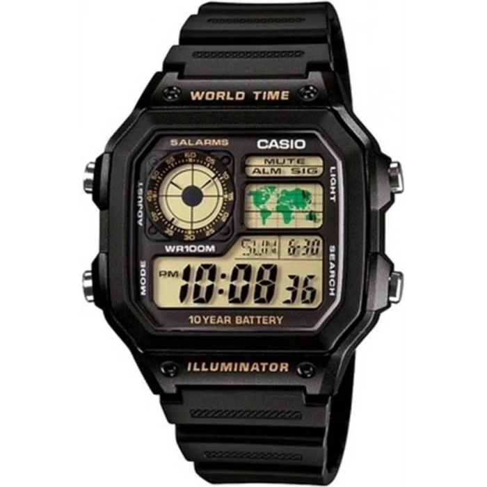 Casio AE-1200WH-1BVDF Casio Royale Dünya Saatli Siyah Silikon Kordon Dijital Erkek Kol Saati