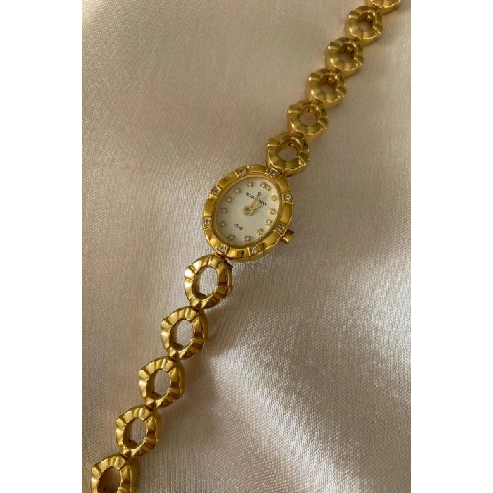 Romanson Altın Sarı Kaplama Halkalı Paslanmaz Çelik Özel Tasarım Kordon Küçük Vintage Kadın Kol Saati