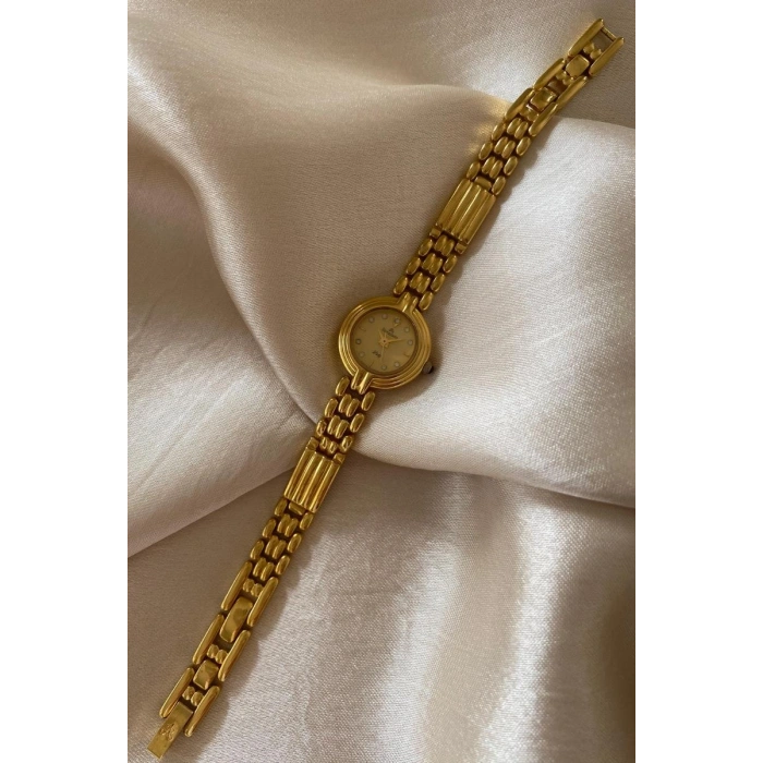 Romanson Hakiki Altın Renk Kaplama Özel Tasarım Çelik Kordon Küçük Vintage Kadın Kol Saati