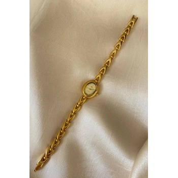 Q&Q Altın Sarı Kaplama Paslanmaz Çelik Özel Tasarım Kordon Küçük Vintage Kadın Kol Saati