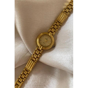 Romanson Hakiki Altın Renk Kaplama Özel Tasarım Çelik Kordon Küçük Vintage Kadın Kol Saati