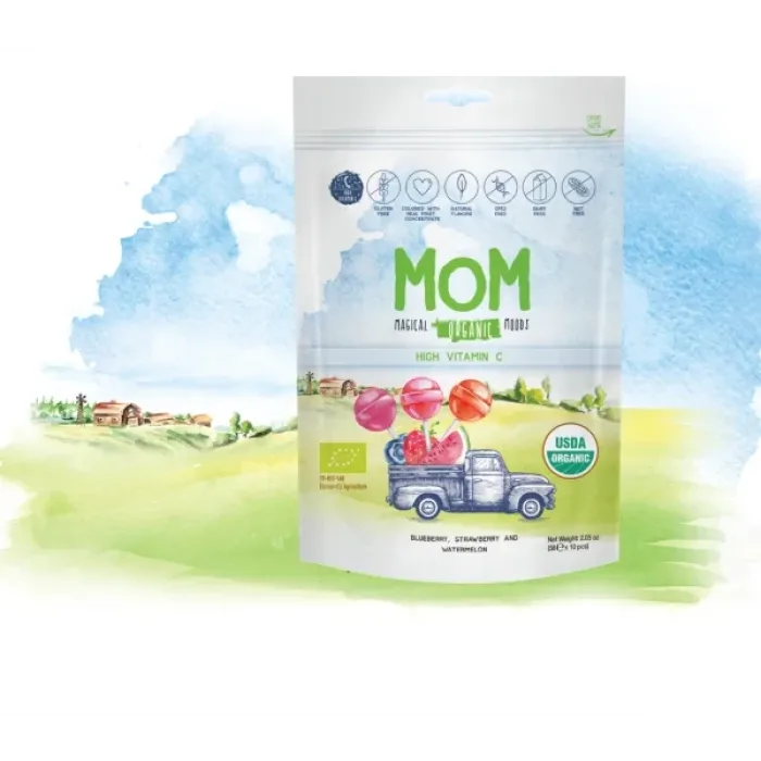 Mom Organik Lolipop (Çilek, Karpuz, Yaban Mersini ve C Vitamini) 10 Adet