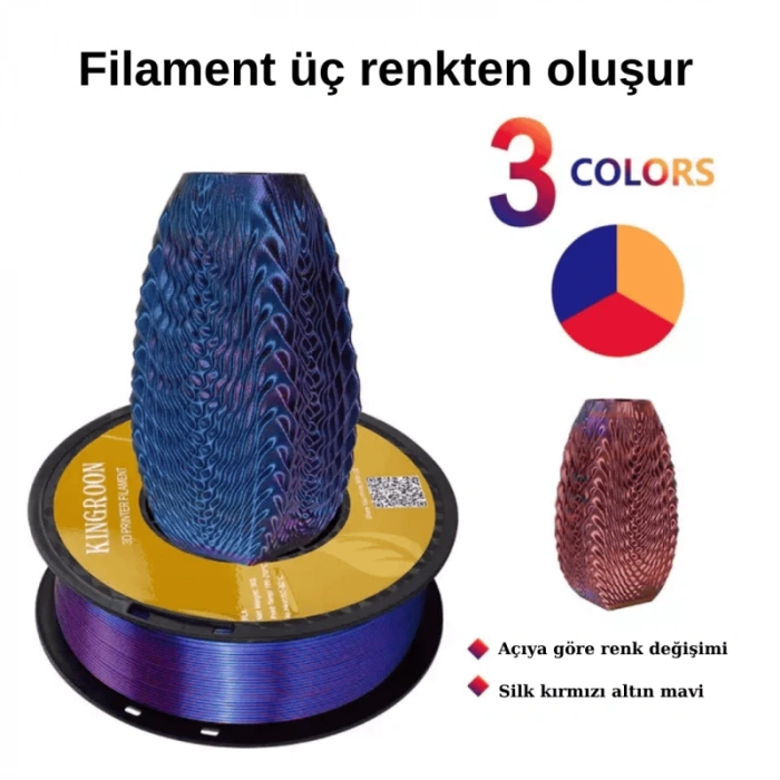 Kingroon 3 Renk Kırmızı - Altın - Mavi PLA Silk Filament 1.75 mm 1000gr