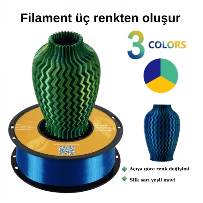 Kingroon 3 Renk Sarı - Mavi - Yeşil PLA Silk Filament 1.75 mm 1000gr