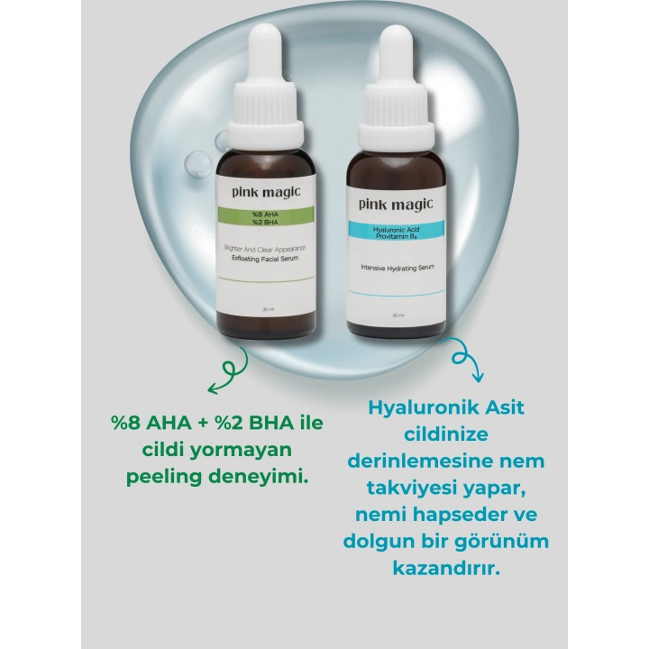 AHA & BHA Peeling + Hyalüronik Asit Serum Seti | Cilt Yenileyici, Ton Eşitleyici, Aydınlatıcı & Dolgunlaştırıcı Bakım