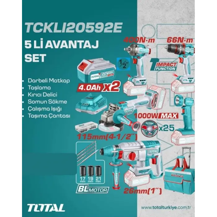 TOTAL TOSLI250381E 9’lu Avantaj Set – Akülü Matkap, Somun Sıkma, Kırıcı Delici, Taşlama, Daire Testere ve El Aletleri Seti