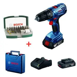 Bosch GSB 180-LI Çift Akülü 18V 2,0Ah Professional Darbeli Vidalama Makinesi + Bosch 32 Parça Vidalama Ucu Aksesuar Seti