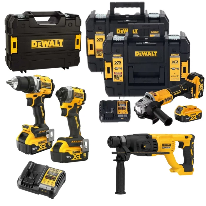 DEWALT XR 18V 4’lü Kömürsüz Set – DCD800, DCF850, DCG407, DCH133 2x4.0Ah + 2x5.0Ah XR Li-Ion Akü, 2 Şarj Cihazı, TSTAK Çantalı Profesyonel Set