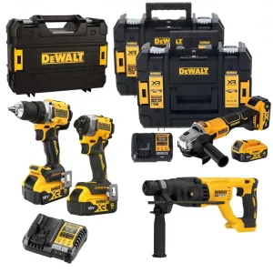 DEWALT XR 18V 4’lü Kömürsüz Set – DCD800, DCF850, DCG407, DCH133 2x4.0Ah + 2x5.0Ah XR Li-Ion Akü, 2 Şarj Cihazı, TSTAK Çantalı Profesyonel Set