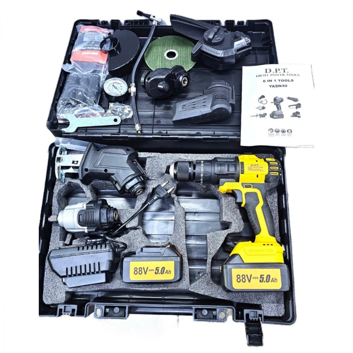 D.P.T. 6 Lı Muhteşem Set Şarjlı Matkap Testere Tilki Kuyruğu Taşlama Somun Sökme Havalı Pompa Bir Arada Mavi