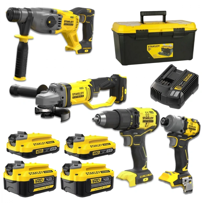 Stanley Fatmax V20 4’lü Akülü El Aleti Seti (Matkap, Darbeli Matkap, Avuç Taşlama, Kırıcı-Delici, 4 Adet Akü, Şarj Cihazı ve Taşıma Çantası)