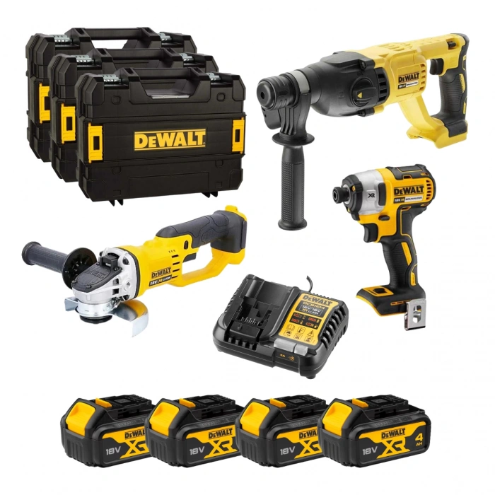 DeWalt DCH133NT + DCF887NT + DCG412NT Set | 4x4.0Ah Akü + Şarj Cihazı | Profesyonel Kırıcı Delici, Darbeli Tornavida, Taşlama Seti