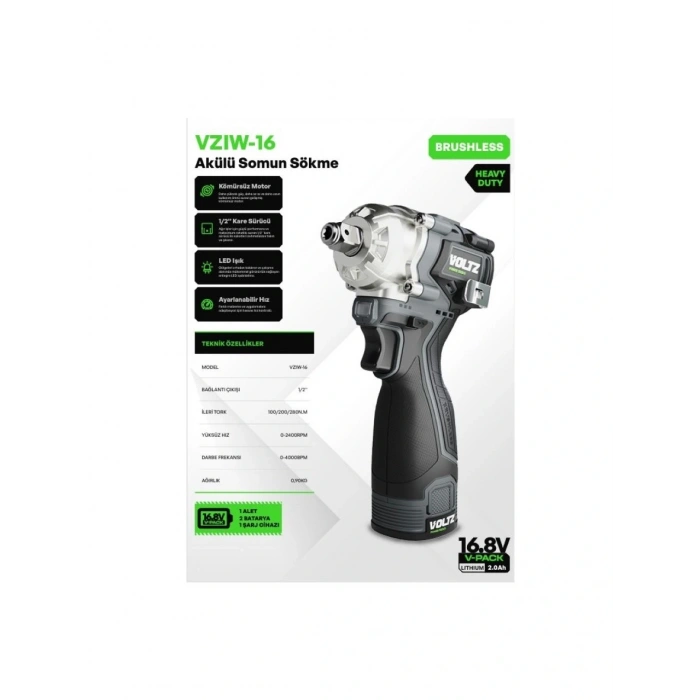 Voltz Vzıw-16 Akülü Somun Sökme - Kömürsüz - Ağır Hizmet - 1/2 Kare Sürücü - LED Işık - Ayarlanabilir Hız