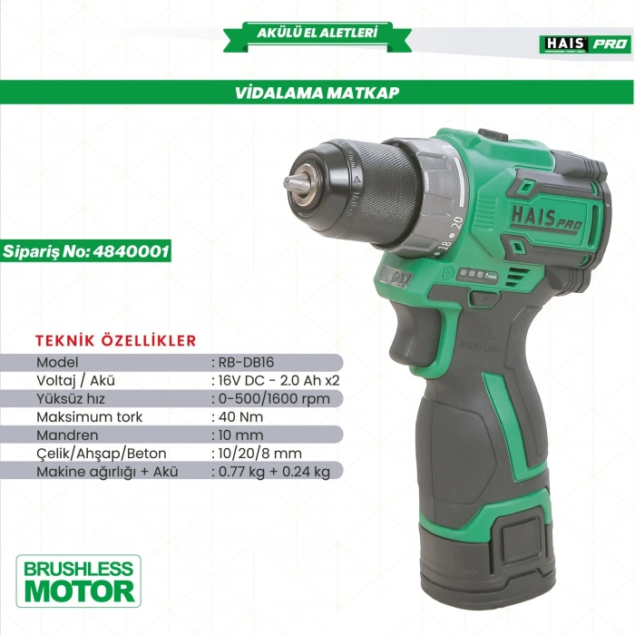 Haispro RB-DB16 Profesyonel Vidalama Matkap 16 V 2.0 Ah Çift Akülü