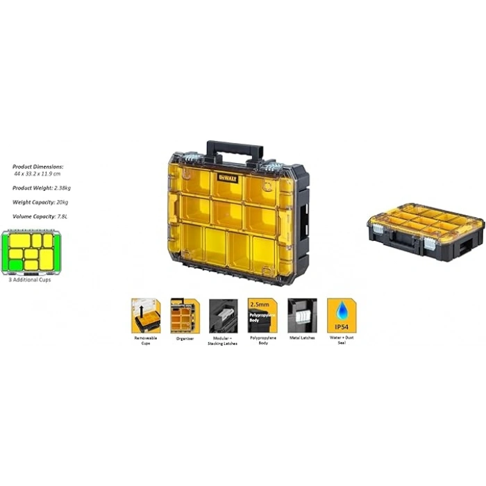 Dewalt TSTAK Organizer (su sıçramalarına karşı korumalı IP54, şeffaf, darbeye dayanıklı polikarbonat kapak, 10 farklı boyutta, 7,8 litre, TSTAK sistemi ile uyumlu)