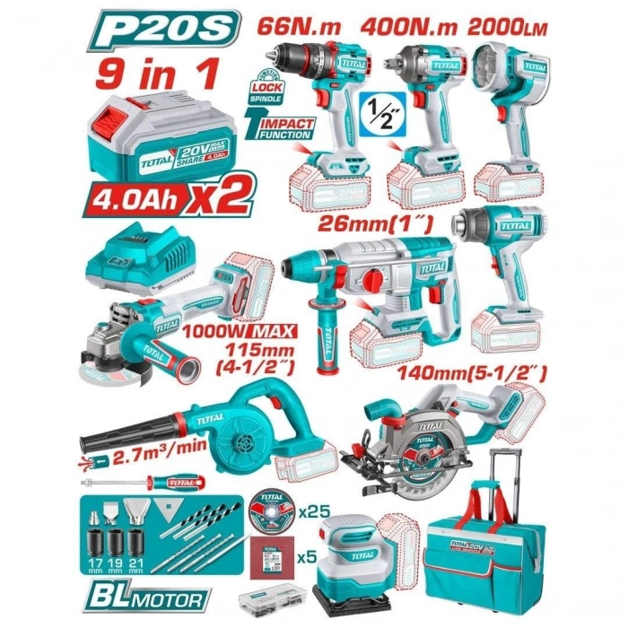 TOTAL TOSLI250381E 9’lu Avantaj Set – Akülü Matkap, Somun Sıkma, Kırıcı Delici, Taşlama, Daire Testere ve El Aletleri Seti