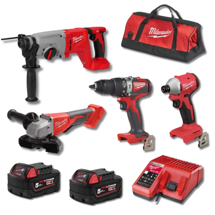 Milwaukee M18 18V Kömürsüz 4’lü Akülü Makine Seti – Darbeli Matkap, Darbeli Vidalama, 125 mm Taşlama ve 26 mm Kırıcı Delici – 2×5.0 Ah Akü