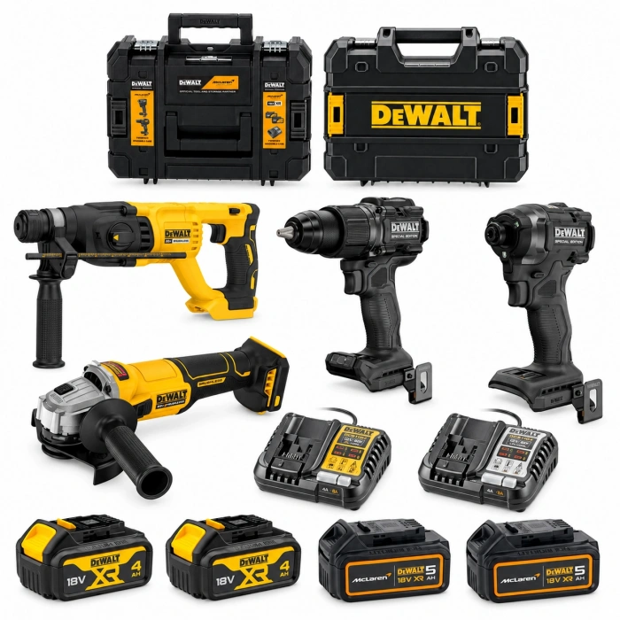 DEWALT McLaren DCK488HM4 XR 18V 4’lü Set Akülü Makine Seti – 4 Makine, 4 Akü, 2 Şarj Cihazı, 2 Çanta