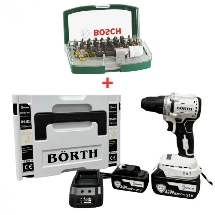 Börth SPS-1521 Akülü Mandrelli Matkap2x3.0Ah+Bosch 36PUçSeti
