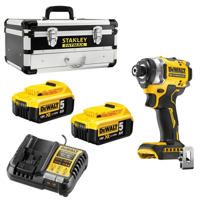 DeWALT 18V XR Brushless Darbeli Vidalama Seti + 2x 5Ah Akü + Şarj Cihazı + Stanley FatMax Metal Çanta