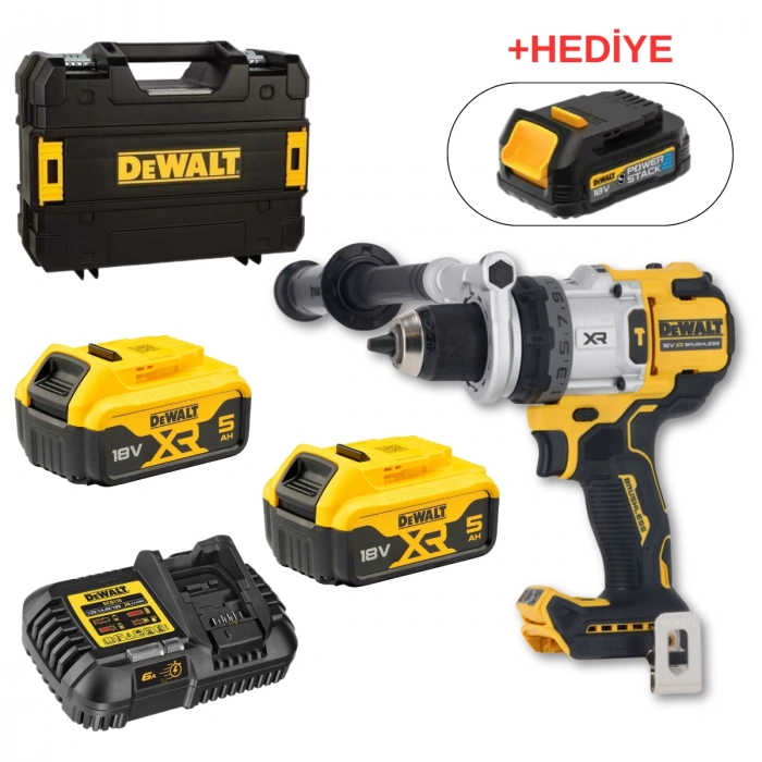DEWALT DCD1007P2 18V XR Kömürsüz Darbeli Matkap 2x5.0Ah Akü + Şarj + TSTAK Çanta + DCBP034 POWERSTACK Akü HEDİYE